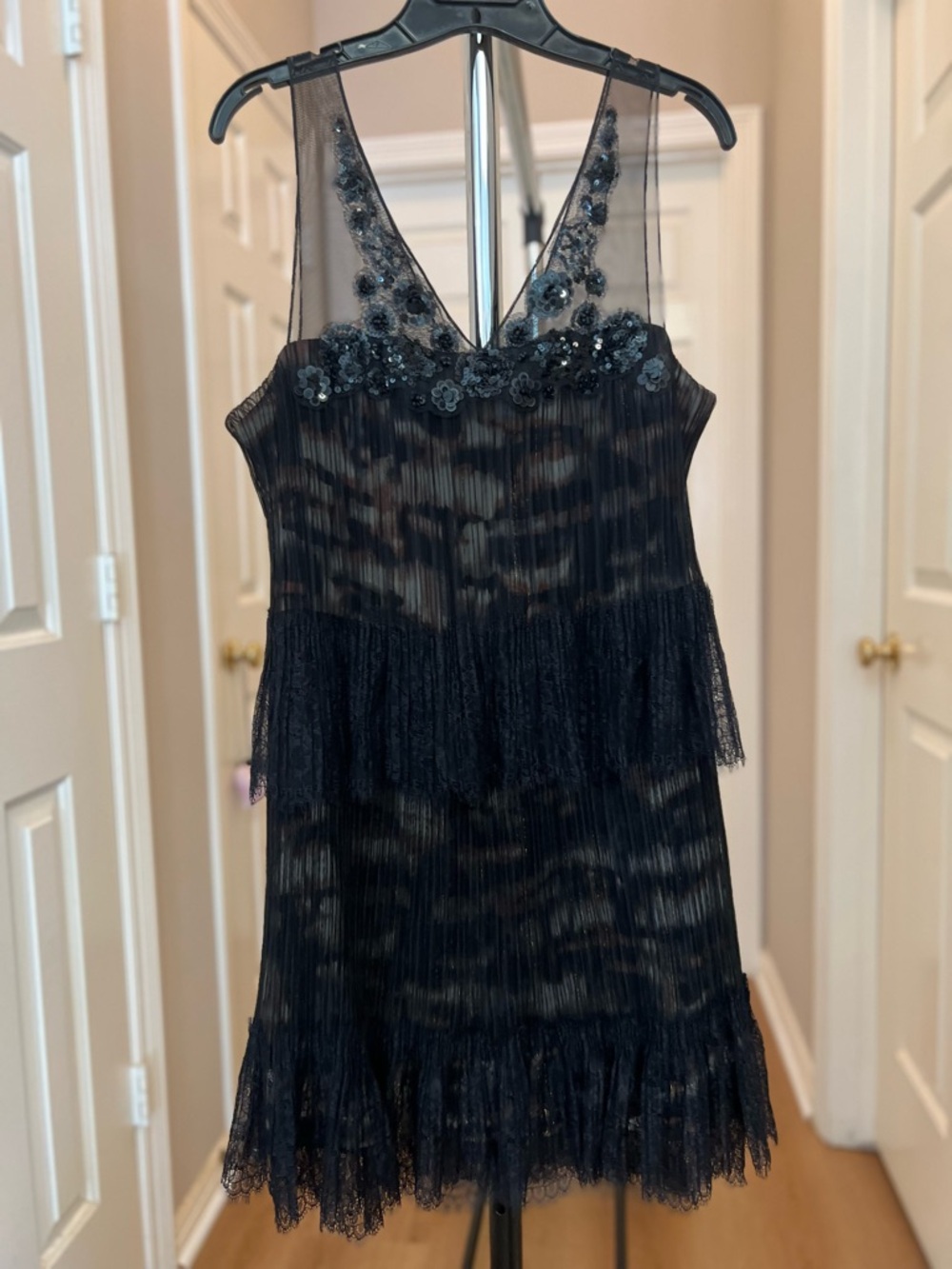BCBGMaxAzria Black Sheer Floral Lace Tiered Mini Dress